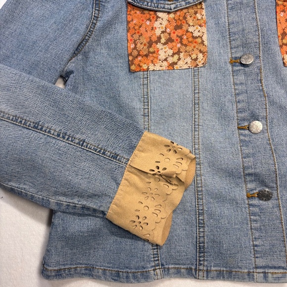 Denim Jacket Lightweight Brown Orange Floral Patchwork Tan Faux Suede Medium - Picture 5 of 11